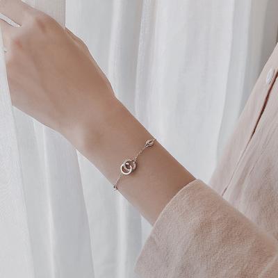 Pure Silver S925 Silver Bracelet for Women, Korean Style Flash Diamond Double C Interlocking Bracelet, Simple Bestie Fresh Temperament Ins Bracelet
