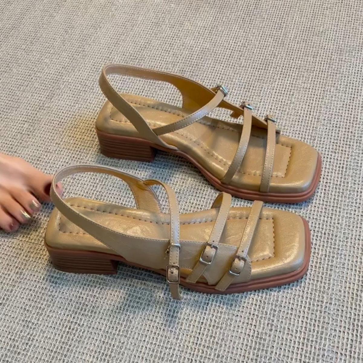 

Soft leather version~ square head stepping on shit Roman shoes for women s summer wear French temperament retro word with thick heel sandals 35