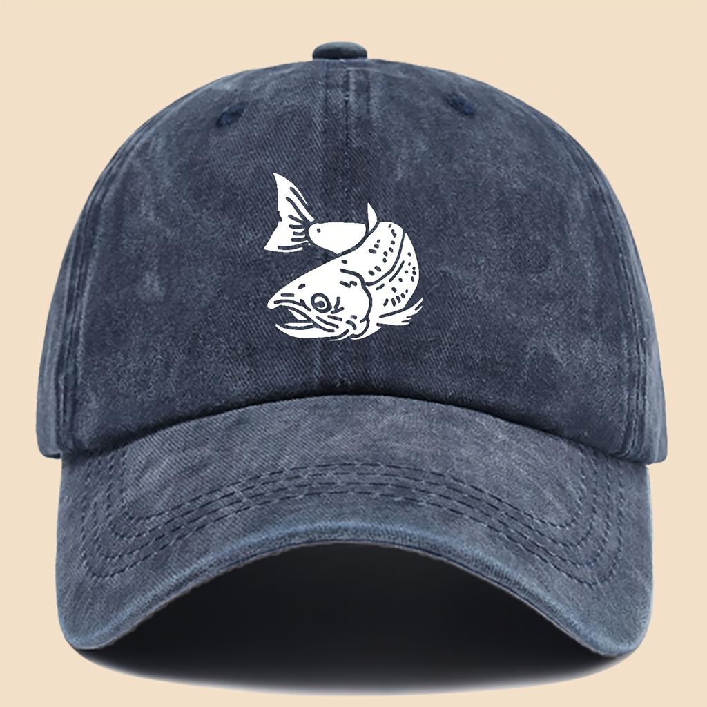 Cartoon Fish Print Baseball Cap Vintage Washed Adjustable Fishing Hat Men Women Hip-hop Hat Outdoor Retro Sun Protection Hat