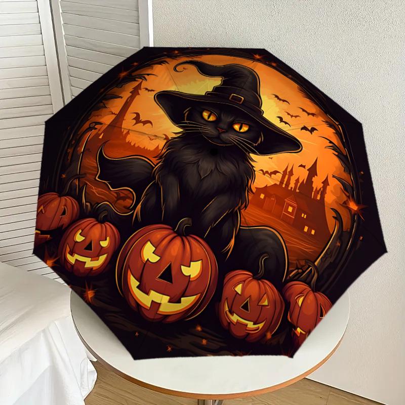 1PC Halloween Cat Automatic 8-Bone Folding Umbrella - Durable Polyester & Iron Frame,Userfriendly Operation y250929126