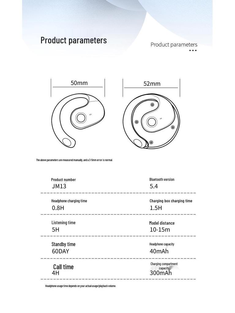 2025 JM13 Bluetooth Ear-Hook Earphones with Smart Noise Cancellation and Extended Battery Life for Sports
