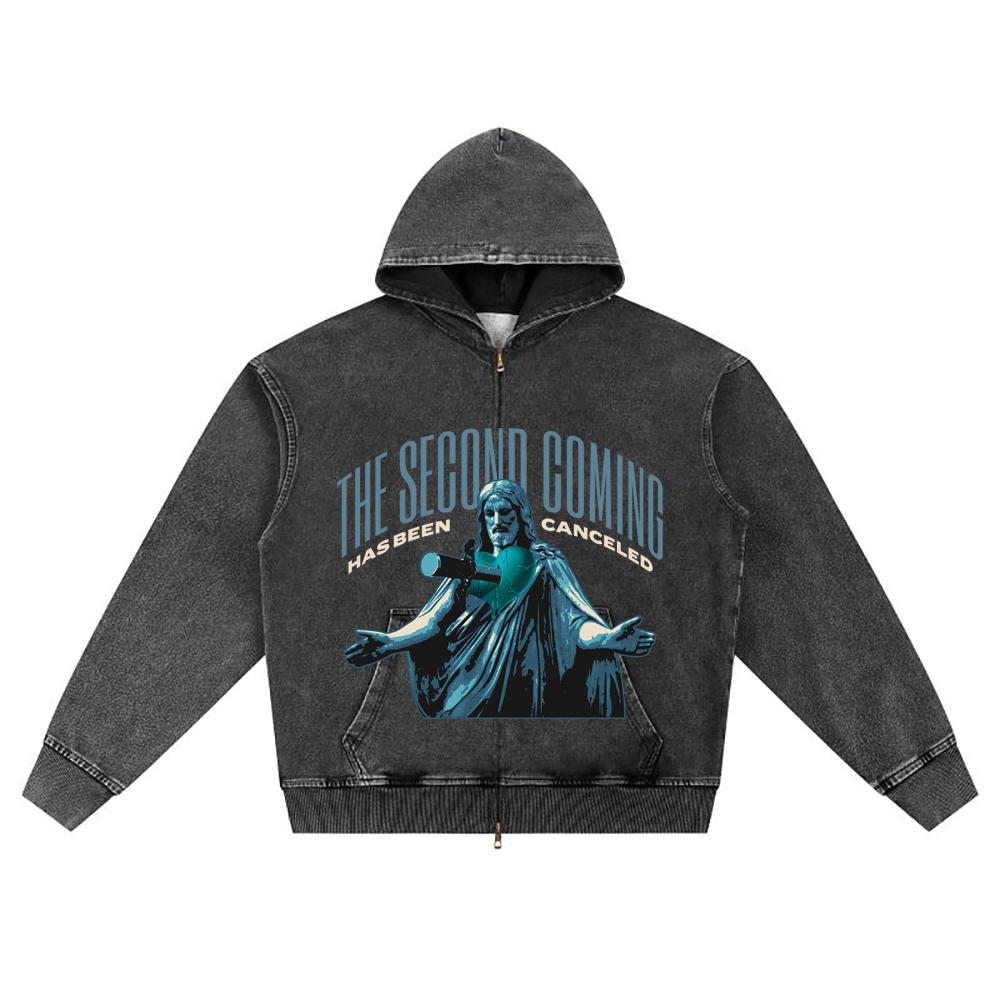

DTG print Knitted Denim Zip-Up Hoodie The Second Coming Brother Print Zipper Hoodies S