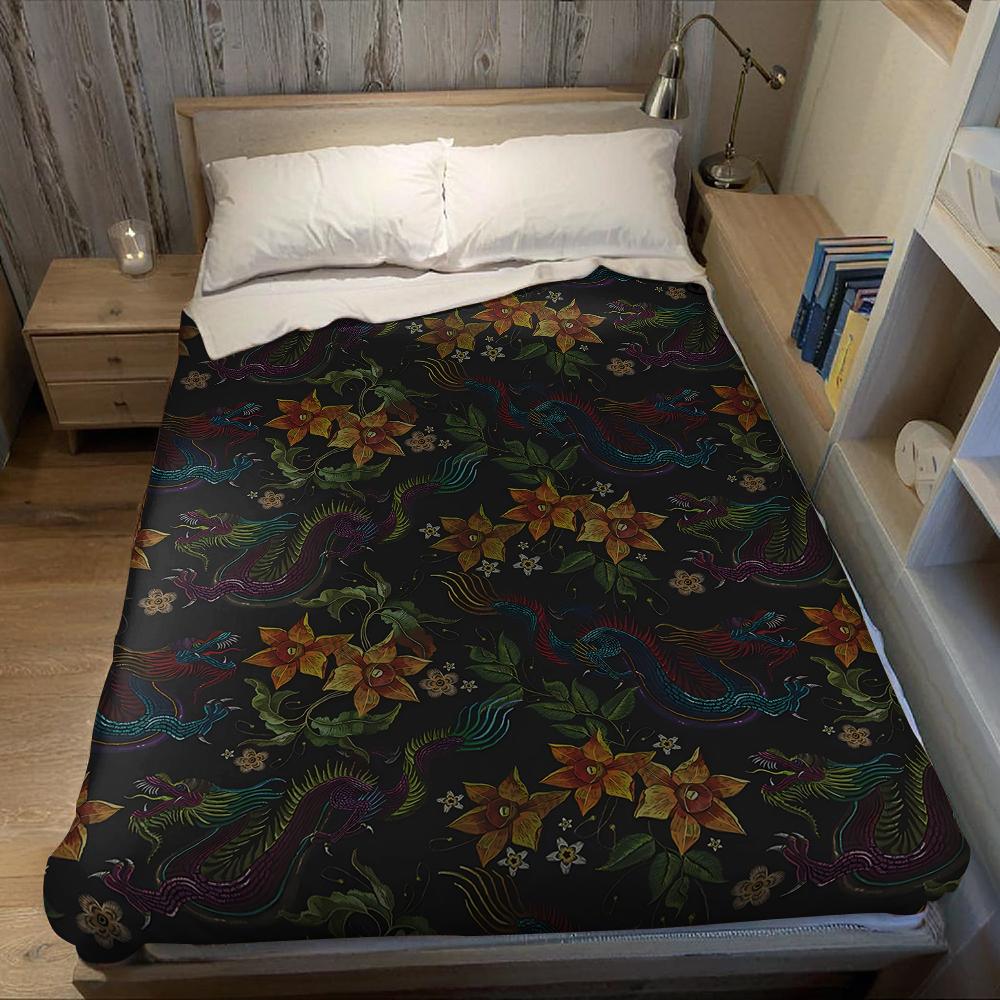 Dragon Bloom Flannel Blanket Warm Soft Halloween Christmas Couch Warm Cozy Decorative Decor Gift for All Season
