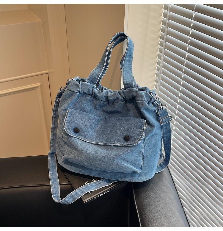 Crossbody Bag Women's Pleated Drawstring Denim Series Simple Fashion Mobile Phone Bag Retro Shoulder Bag