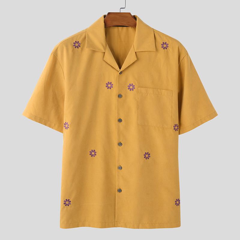 

INCERUN Men Lapel Neck Short Sleeve Embroidery Buttons Casual Oversized Shirts S