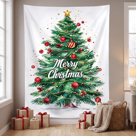 Festive Window Hanging Merry Christmas Tapestry, Wall Fabric Backdrop, Xmas Tree Winter Holiday Party Scene Decoration Art for Living Room,