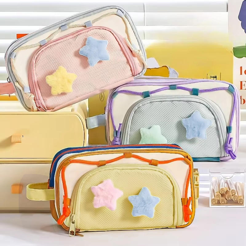 Cute Multi Layer Large Capacity Pencil Case for Kids Girl Five Point Star Stationery Organizer Students Portable Pen Bag
