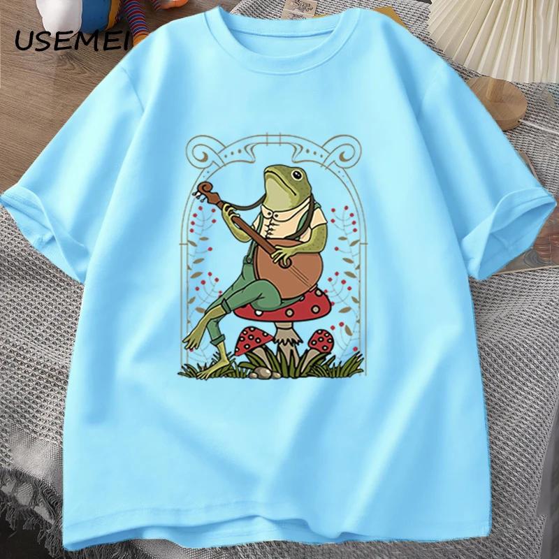 Cute Cottagecore Frog Playing Banjo T Shirts Men Women Cotton Funny Mushroom Naturecore T Shirt Summer Casual Short Sleeve Tees