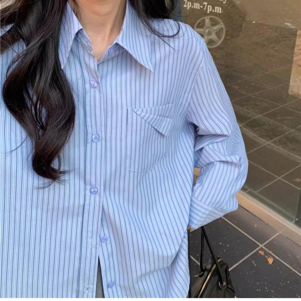 2026 Autumn Women's Korean Blue Striped Long Sleeve Versatile Casual Shirt
