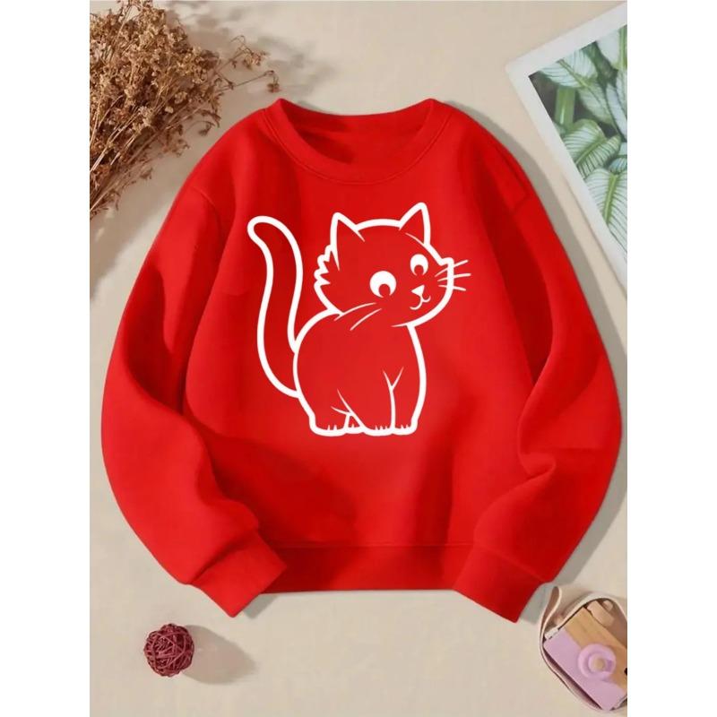 Adorable Cat Silhouette in White Outline on a Stylish Crewneck Sweatshirt for Girls, Perfect for Autumn And Winter