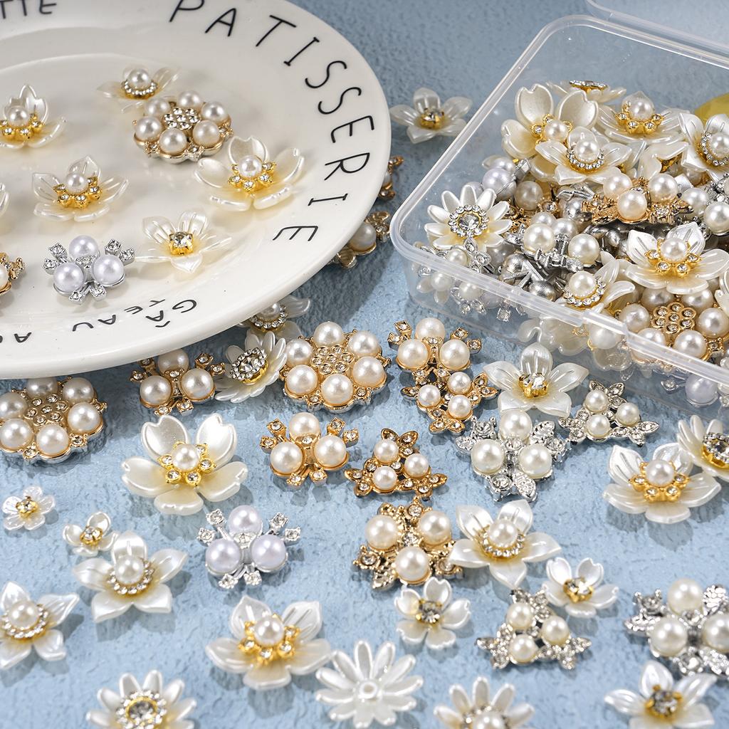 2026 New 2cm 50/57pcs with Diamond Pearl Flower, Imitation Diamond Button Hat Clothing Decoration Sewing Accessories, DIY Crafts