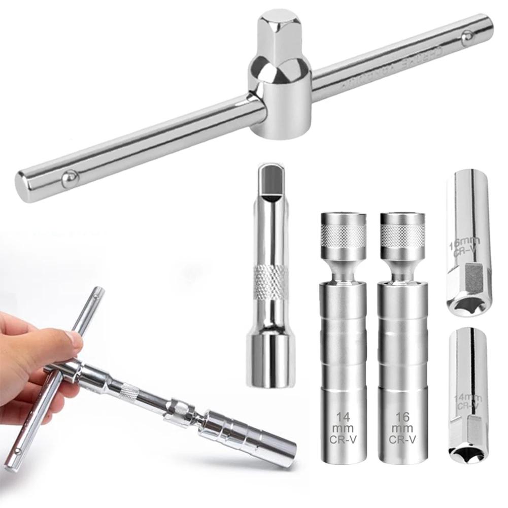 6 Pcs Auto Spark Wrench Kit 14mm 16mm Flexible Spark Socket Set With T-Handle For Auto And Motorcycle Car Repair Tools