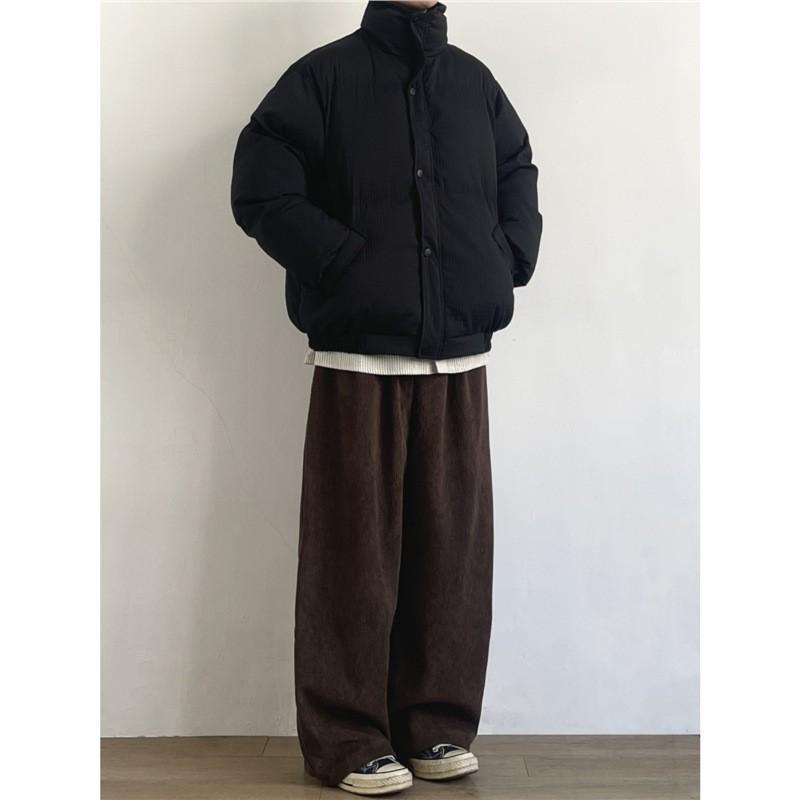 JOYZONE Mens Winter Cotton Jacket - Japanese Vintage Style Thick Warm Loose Fit Stand Collar Solid Color Casual Everyday Wear
