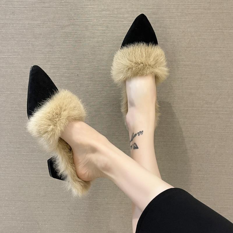 Winter Warm Faux Fur Mules Slippers Women Pointed Toe Slip-On Thin Heels Flip-flops Woman Short Plush Lined Closed Toe Slides