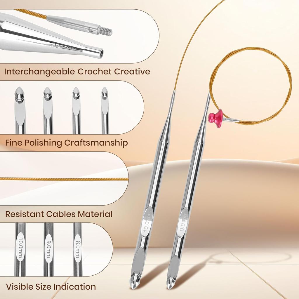 Tunisian Crochet Hook Set, Interchangeable Tunisian Crochet Hooks Set with Cable 3.0mm-10.0mm, 12 Sizes Metal Tunisian Crochet Hooks, Ergonomic