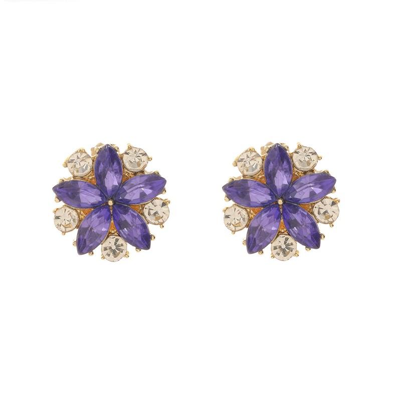 Elegant Purple Floral Stud Earrings With Rhinestone Accents Post Zinc Alloy Vintage-Inspired Geometric Design Purple
