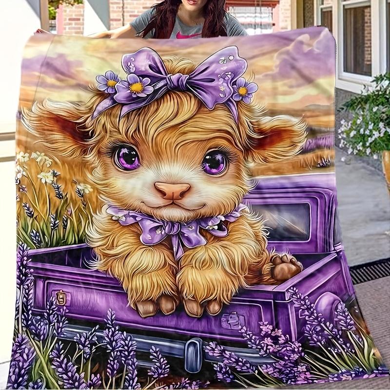 1pc Purple Highland Cow Truck Blanket Multifunctional Printed Throw - Cow Pattern Flannel, Soft and Stain Resistant, Suitable fo 70x100cm