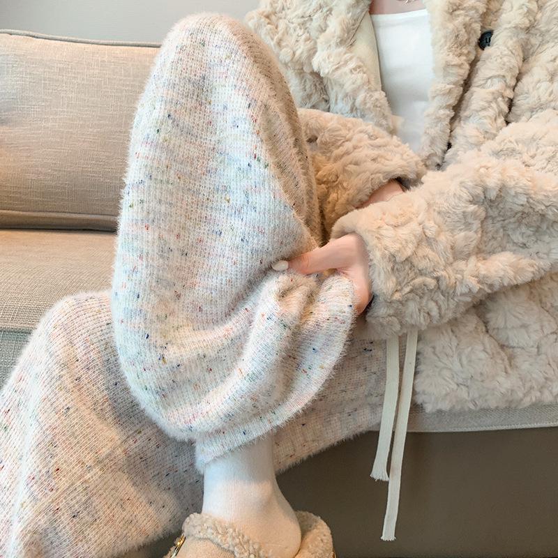 Women's Fleece-Lined Rainbow Sticky Rice Wide-Leg Pants: Warm High-Waist Casual Knitted Trousers for Autumn Winter