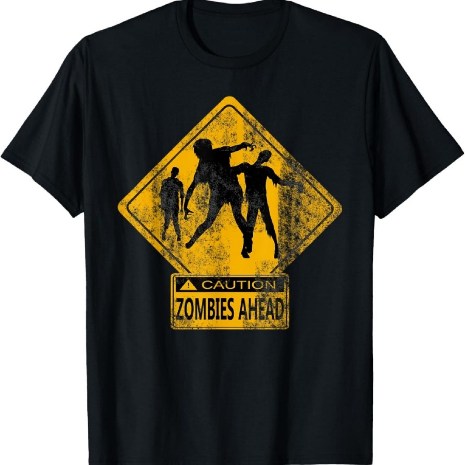 Funny Caution Zombies Ahead Waring Street Sign Halloween T-Shirt S