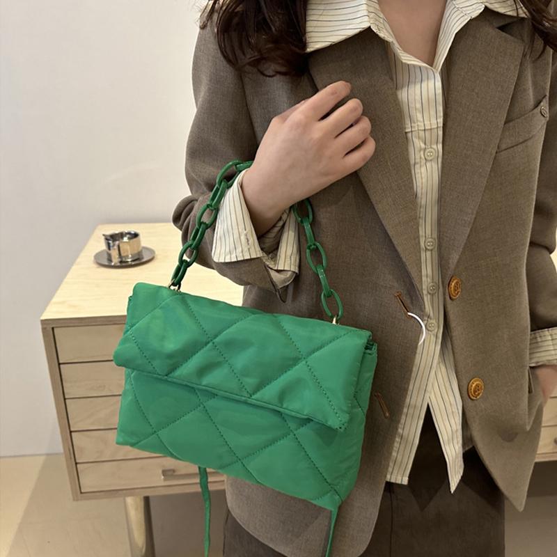 Geantă de mână matlasată de iarnă, căptușită cu bumbac, pentru femei, cu lanț, model rombic, designer, geantă din puf de pene, poșetă, genți tote de umăr pentru doamne