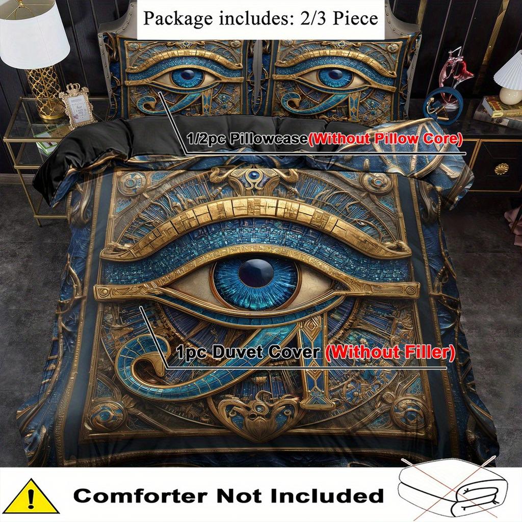 2/ 3pcs Egyptian Blue Eyes Duvet Cover Set, King Queen Style Bedding Set, Character Print Quilt Cover Set Machine Washable