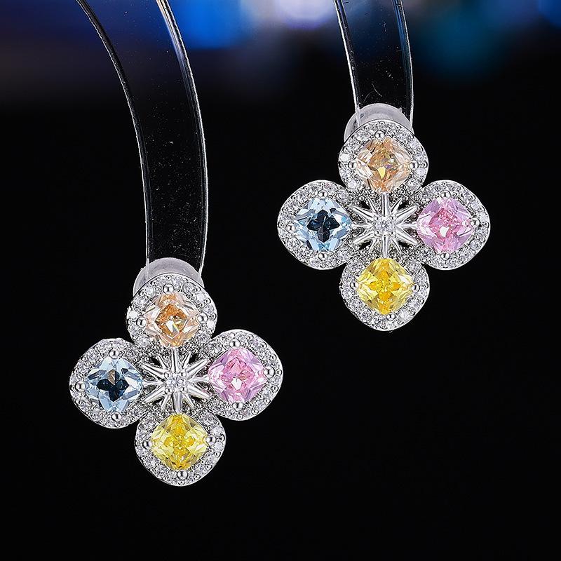 

Lucky Clover Flower Stud Earrings Color Zircon Exquisite Earrings Small Exquisite Temperament Versatile Earrings Women s Wholesale