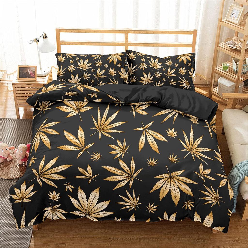Luxury Golden Floral Duvet Cover Set Black Golden Plant Leave Decor Comforter Cover Fashion Plant Print Bedding Set With Zipper
