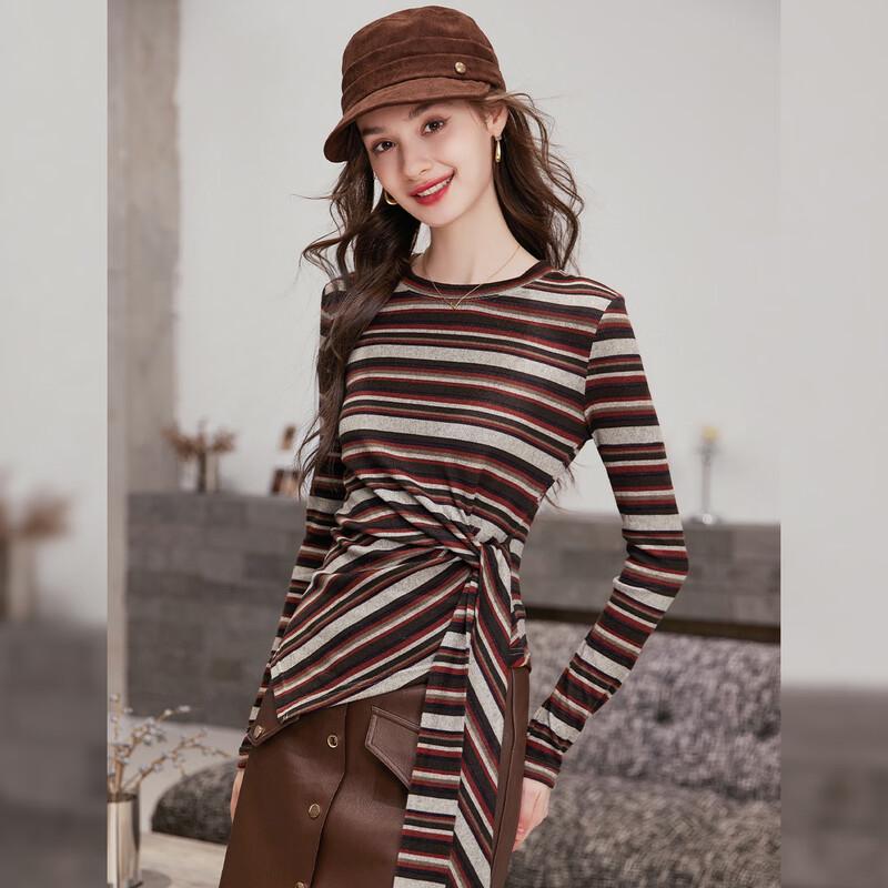 Bailuyu Retro Striped Round Neck Tie-Front Long Sleeve T-Shirt S