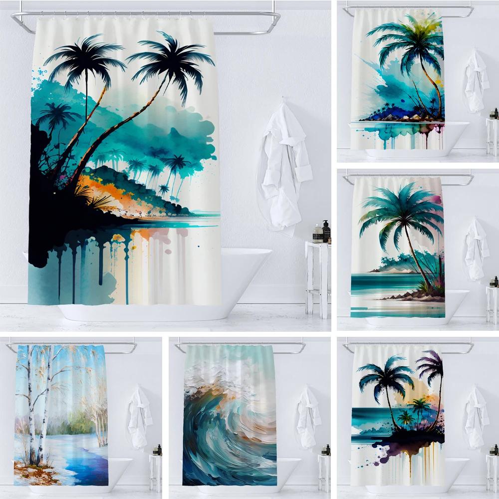 36x72 Inch Seaside Scenery Shower Curtains Beach Coconut Tree Bath Curtains Waterproof Shower Curtain Bathroom Decor with Hooks