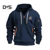 Men Fall Winter Hoodie Solid Color Drawstring Long Sleeves Half Zipper Embroidery Badge Big Pocket Hooded Loose Daily Wear Casual Sport Top
