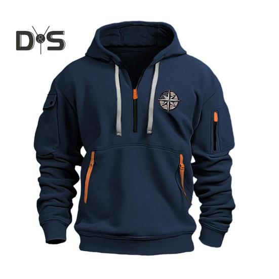 

Мужская толстовка с капюшоном на осень-зиму, однотонная, с длинными рукавами, застежкой-молнией до середины бедра, вышитым значком, большим карманом, с капюшоном, свободная повседневная одежда, повседневный спортивный топ M темно-синий