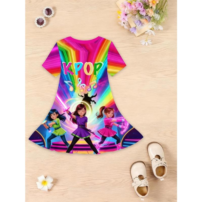 Short-Sleeved Dress for Girls Featuring a 3D Printed Cat Design - a Casual Summer Tutu Dress