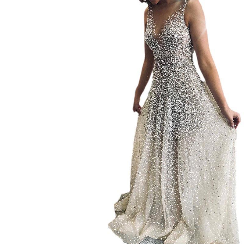 2026 cross-border spring and summer new European and American women's clothing Amazon sprinkled gold V-neck dress, suspender gradual change mopping