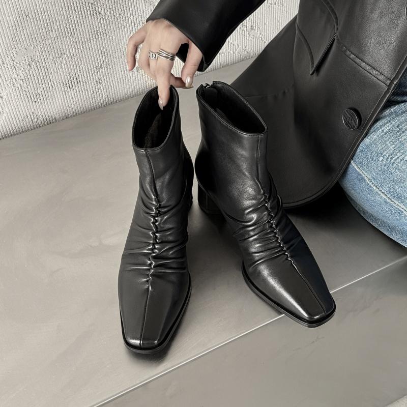 Fashion 2025 Winter Women Shoes Genuine Leather Women Boots Mid-calf Modern Boots Women Solid Med Heel Boots Ladies Shoes Pleated