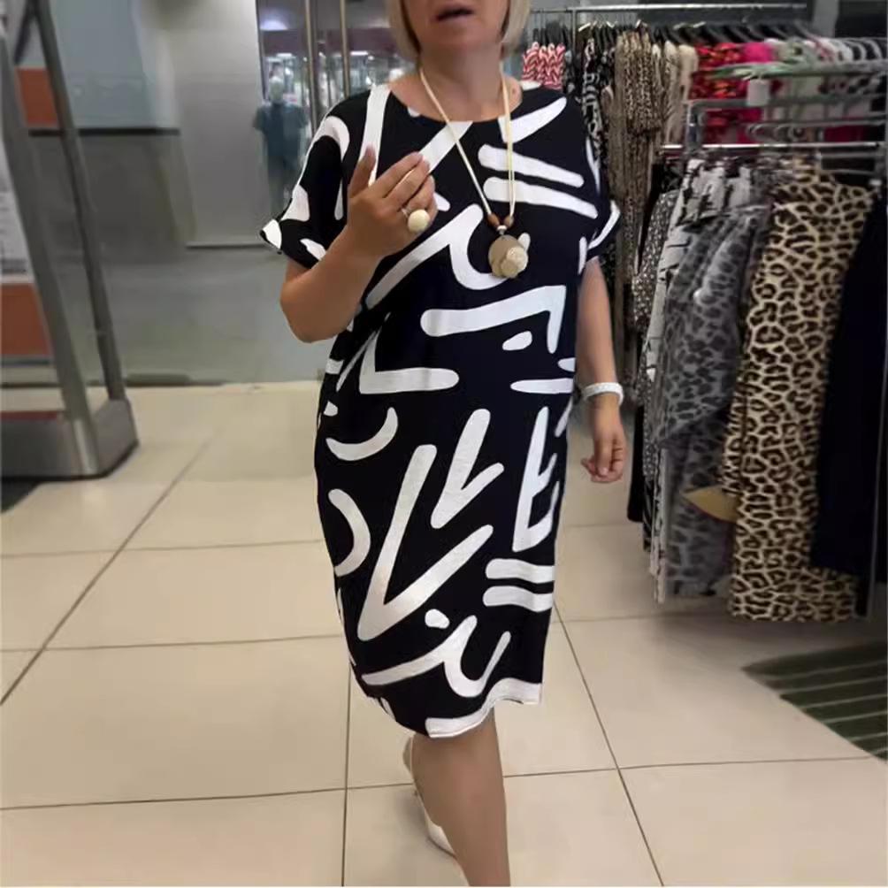 2024 Autumn Women's V-Neck Short-Sleeve Loose Fashion Dress with European and American Prints