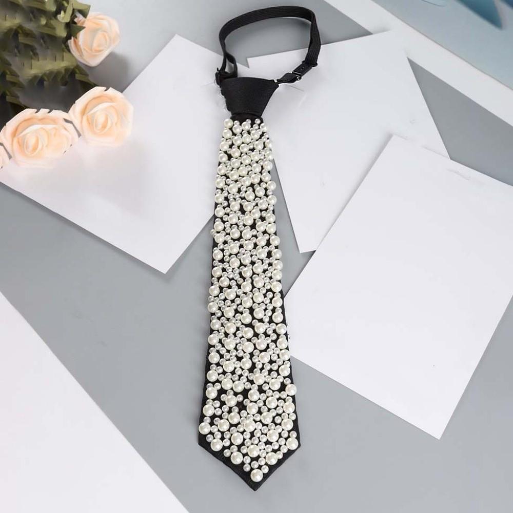 Korean Style Full Pearls Tie Black Decoration Shirt Tie Hand-beaded Long Necktie  Performance