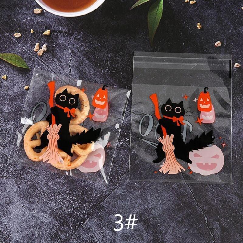 100pcs Halloween Candy Bag Self-adhesive Plastic Treat Bags for Cookie Snack Gift Clear Bags Set for Halloween Party