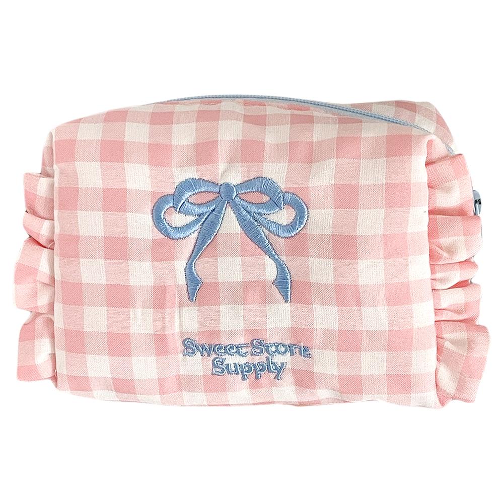 Plaid Makeup Bag Pleated Toiletry Bag Aesthetic Makeup Storage Bag Large Capacity Embroidered Bow Cosmetic Bag for Women Girls
