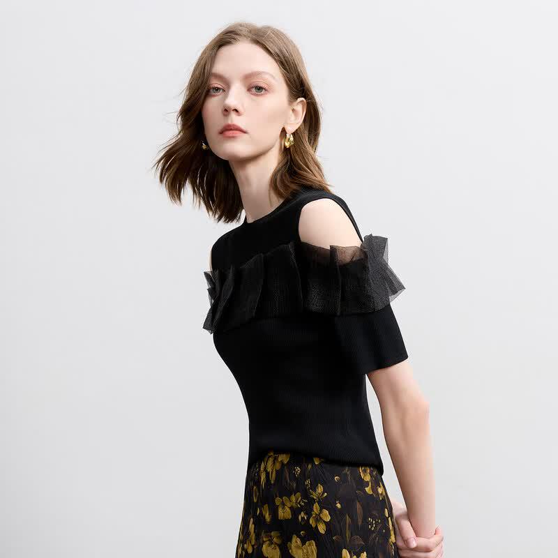 Sancai 2026 Summer Slim-fit Off-Shoulder Spliced Knit Top