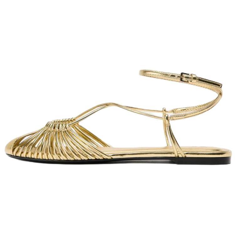 Zara Pu Vintage Open-Back Metallic Layer Effect Strap Casual Flats 1Cm Women Flats Gold 3550510253