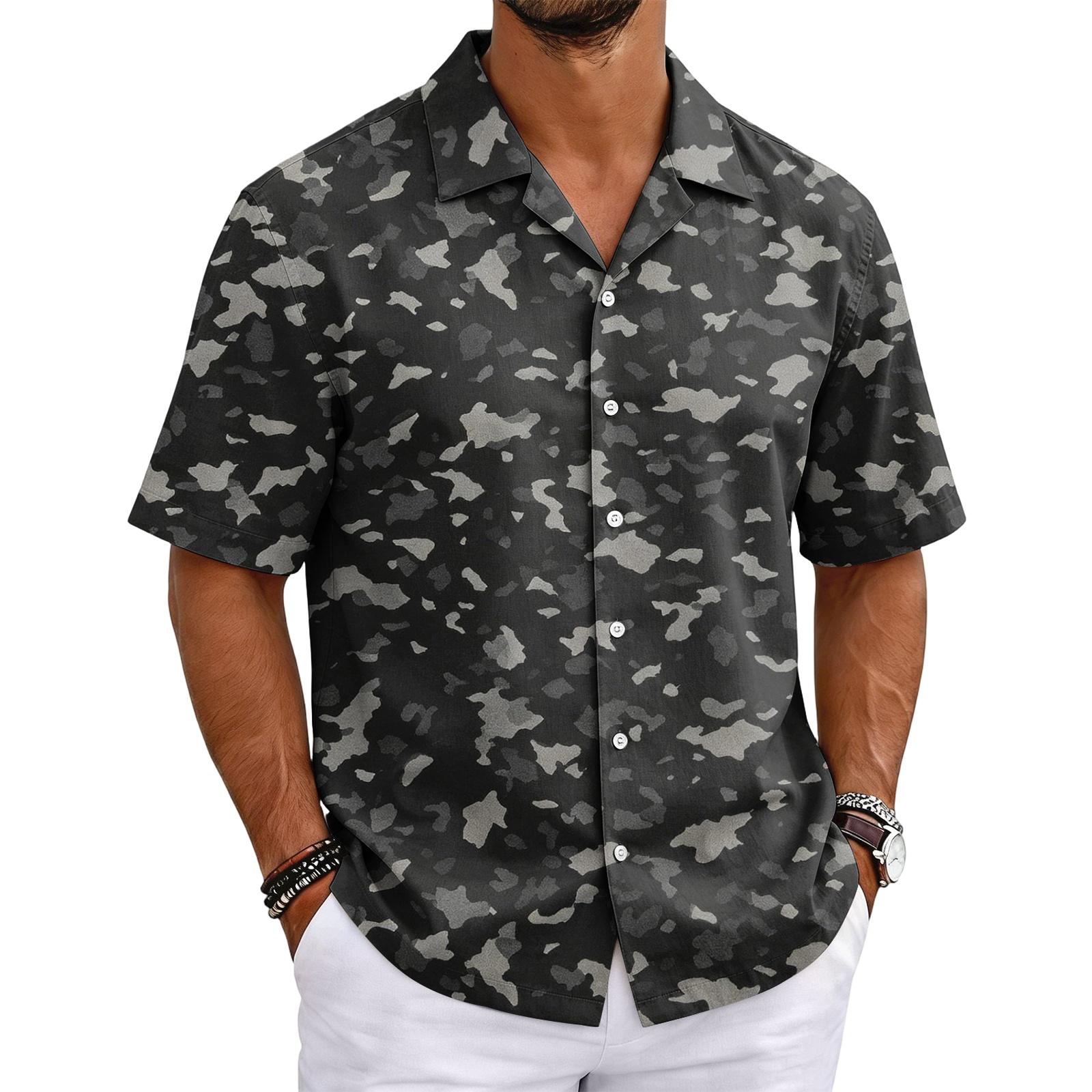 Men s Cuban Collar Shirt Camouflage Print Short Sleeve Summer Casual Wear XXXL