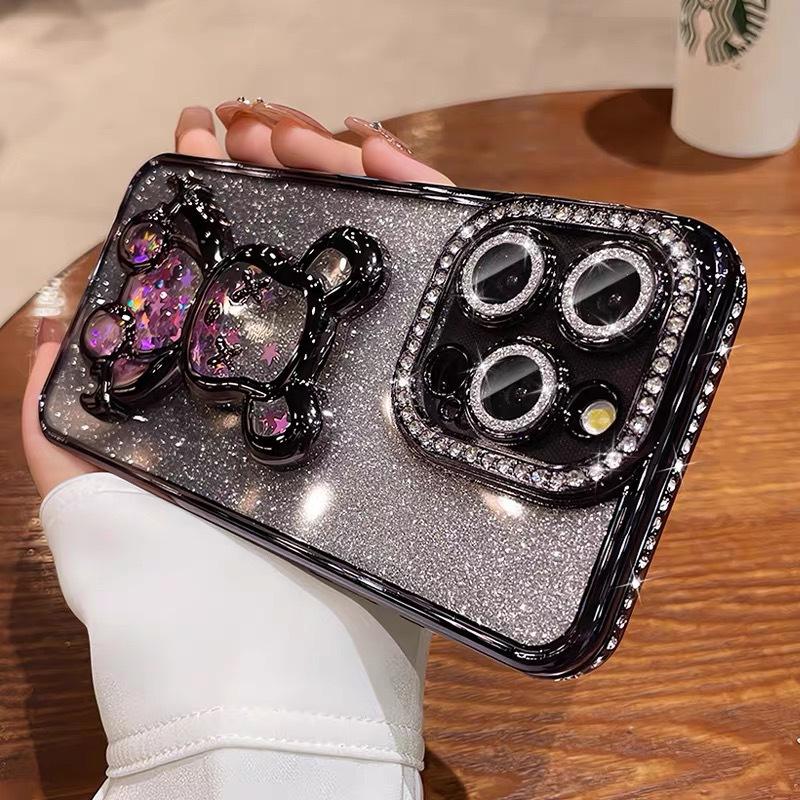 Quicksand Violent Bear Applies To Apple 17 Mobile Phone Case Electroplated Rhinestone iPhone16promax Lens Flash Drill Soft Case