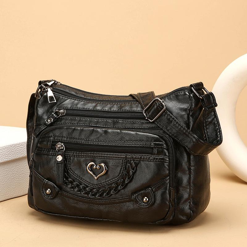 Vintage Crossbody Bag in Brown with Heart Accent - Adjustable Strap Multiple Zipper Pockets Small Crossbody Bag