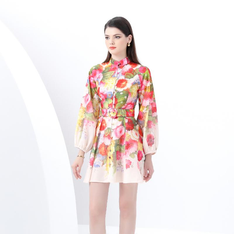 Frühling Sommer Damen Stehkragen Vintage Print Laternenärmel Mini Kurz Urlaubs Strandkleider mit Gürtel