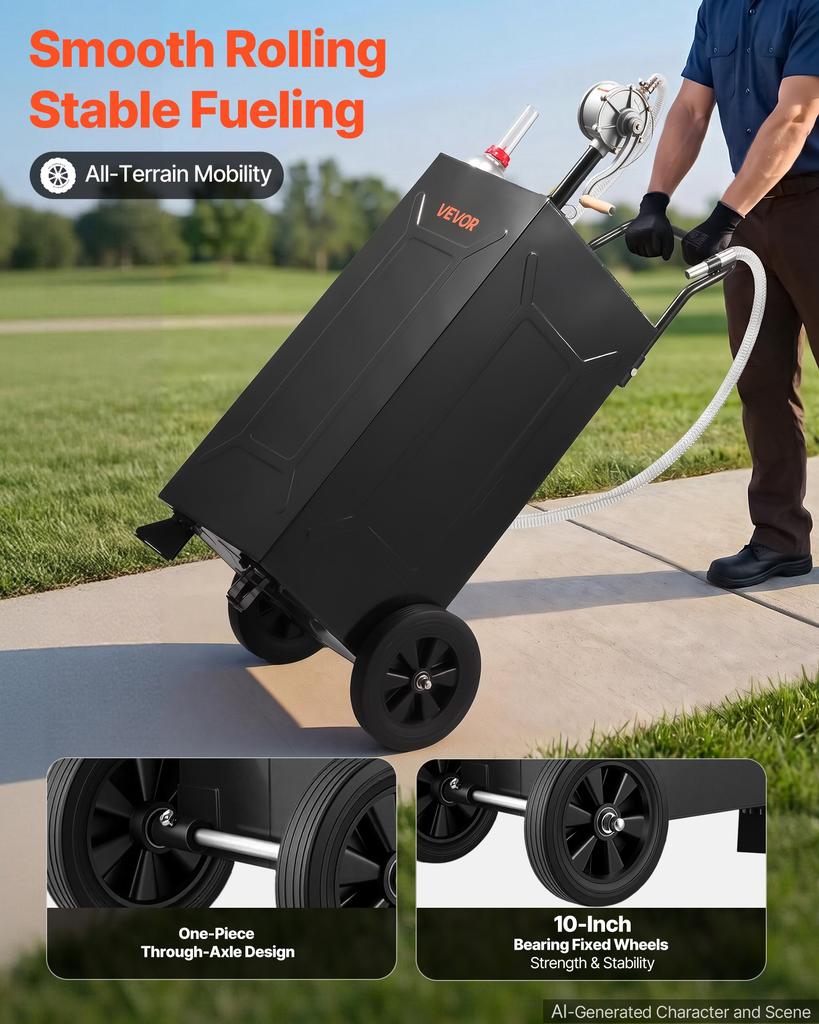 VEVOR 113.6L Fuel Gas Caddy, Carbon Steel, Portable Fuel Transfer Storage Tank with Manual Pump and 2 Wheels, Gasoline Diesel Can Container, for Cars