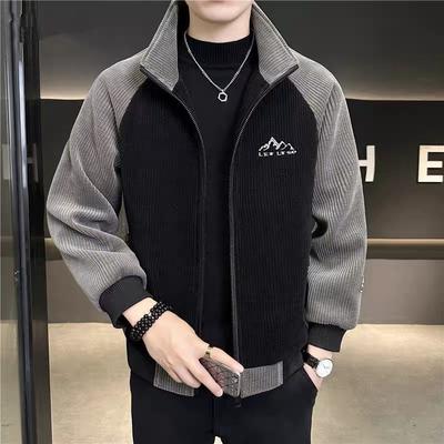 2025 Autumn and Winter New Velvet Thickened Men's Stand-up Collar Jacket Korean Version Splicing Casual Corduroy Jacket Men