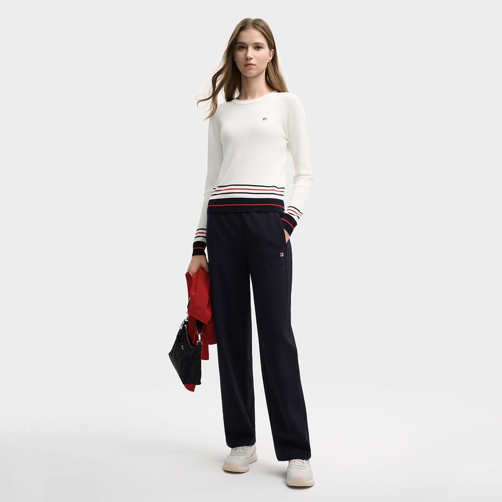 Fila Heritage Soft Skin-Friendly Casual Fashion Simple Versatile Long Sleeve Knit Top Women Tops Cloud-Mushroom-White F11W548408FWT