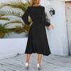 Women's Color Round Neck A-Line Long Sleeve Midi Dress