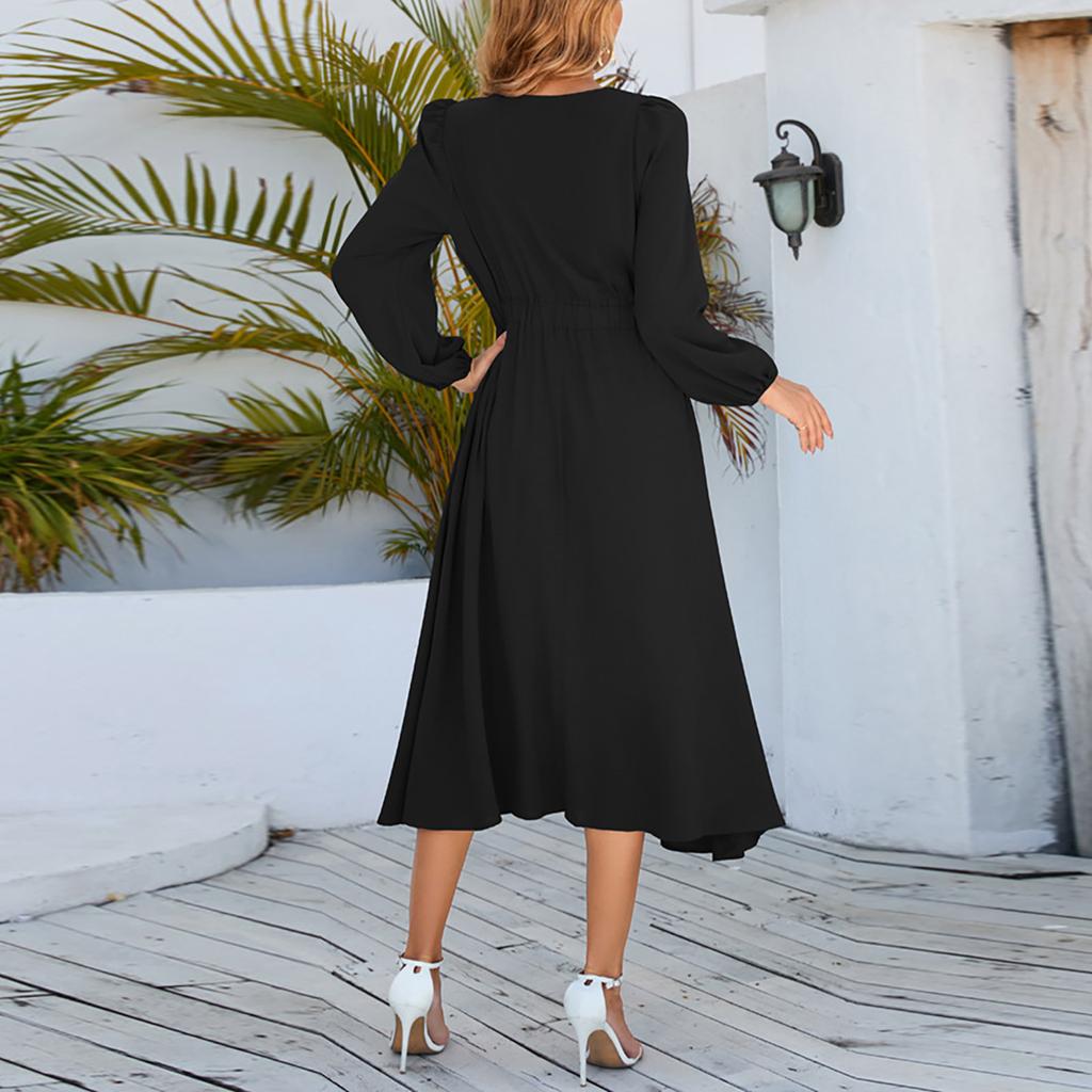 Women's Color Round Neck A-Line Long Sleeve Midi Dress