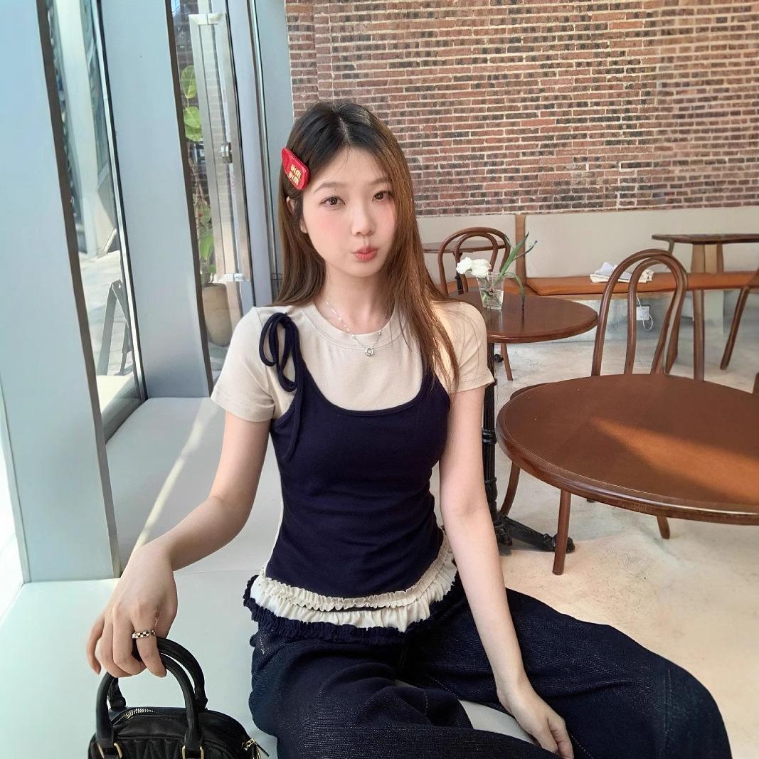 

Women s Retro Lace Short-Sleeve Slim T-Shirt - Summer 2025 Collection L (Premium Version) темно-синий